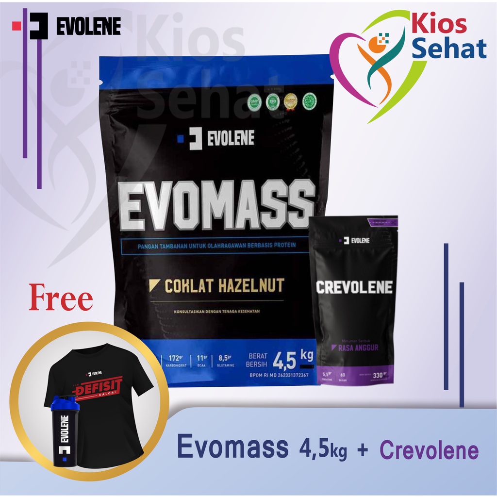 

Evolene Evomass [Coklat Hazelnut] (4.5 kg) + Crevolene [Anggur] 330gr - [Free Tshirt & Shaker] Penambah massa otot - Suplemen fitness - Pembentuk otot - Susu penambah berat badan