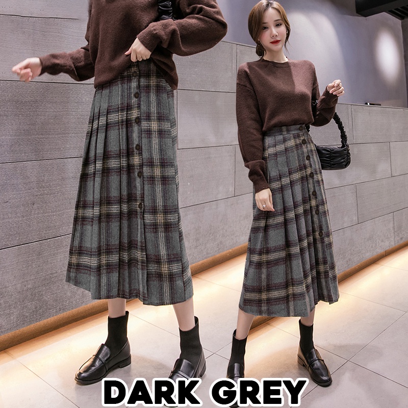 KARAKOREA 7704 Button Maxi Tweed/Rok Panjang/Rok Autumn/Rok Kerja