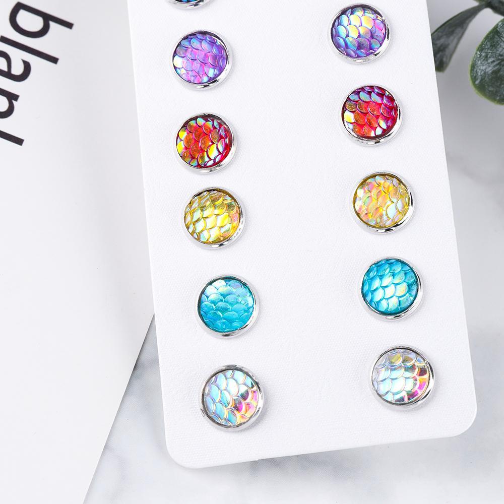 Preva 6pasang /Set Anting Sisik Mermaid Fashion Perhiasan 12mm Bulat