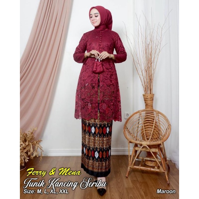 Real pick set kebaya kancing depan ibu besan / Kebaya Jumbo / Kebaya brokat jumbo Ld 120 / Kebaya Tunik sanghay /Kebaya brokat murah / Kebaya tradisional / Kebaya brokat termurah / kebaya ibu hajat-SET MERAH MARUN