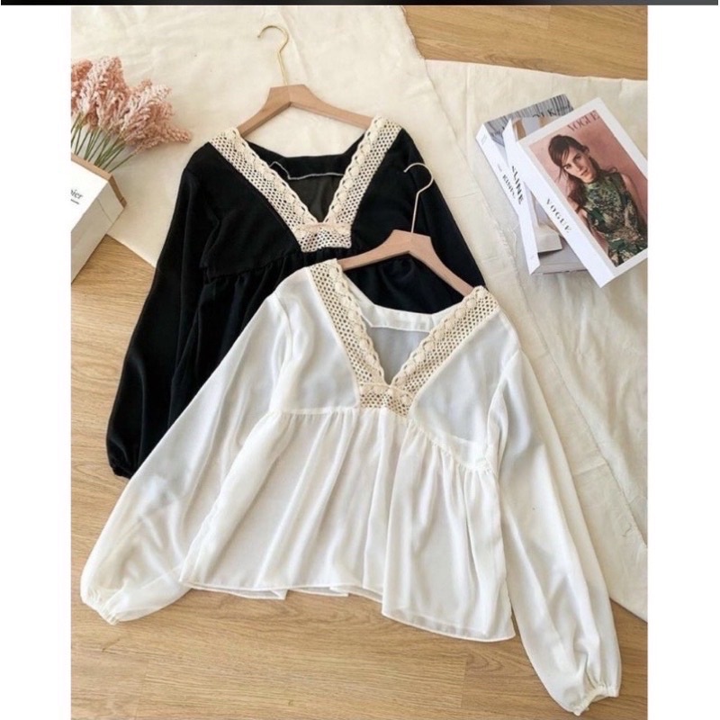 BEFAST - ZRD Blouse Wanita VINNA / ALIKA BLOUSE MIX RENDA / Blouse Wanita Casual / Blouse Pesta / Blouse Formal / Blouse Unik / Fashion Wanita Kekinian / Blouse Lengan Panjang