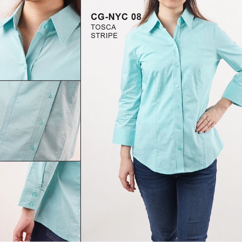 Kemeja Wanita Formal Full Kancing Lengan 7/8 Motif Stripe Katun Twill Stretch-3