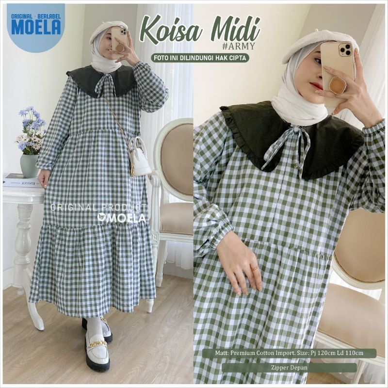 53. ELIFA koisa midi dress gamis busui jumbo motif kotak garis bahan katun premium import ori origin