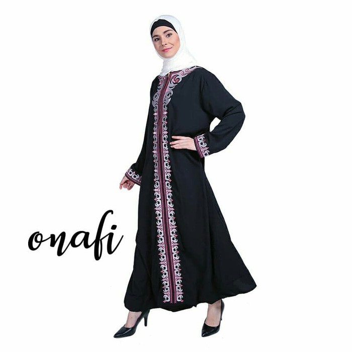 Onafi Gamis Abaya Arab Hitam Bordir Pink Firdaus S Dan Xl - Merah Muda, S