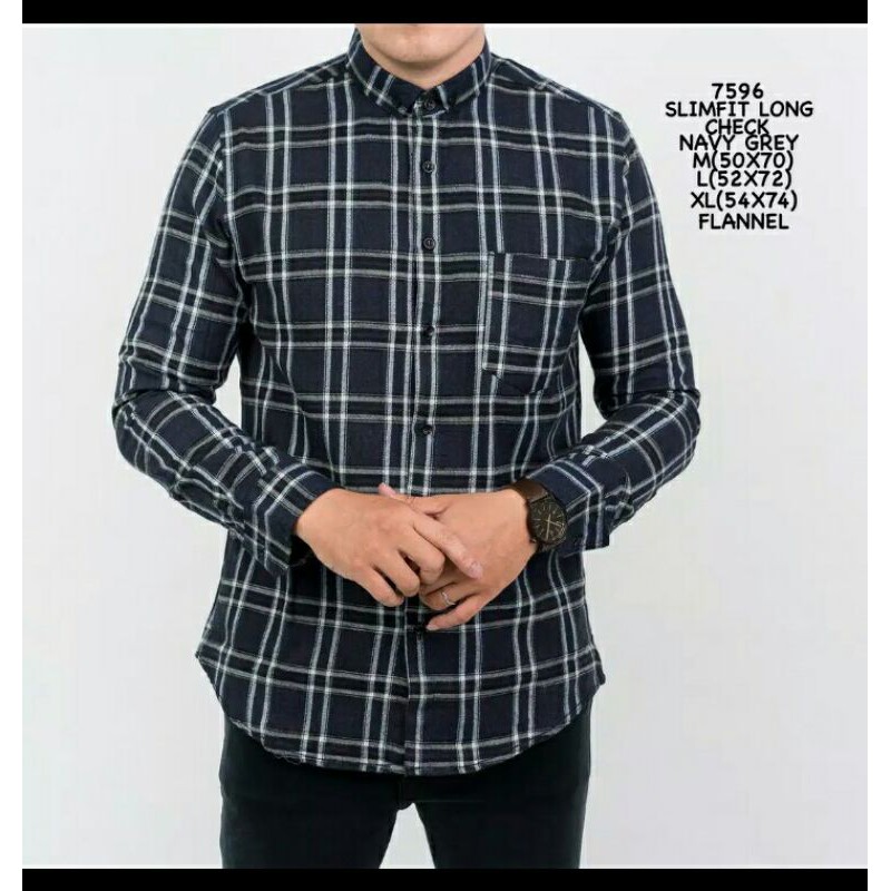 Kemeja Panjang Pria Navy Biru Garis Abu Hem Kotak Cowok Slimfit Distro Premium Baju Kantor Santai