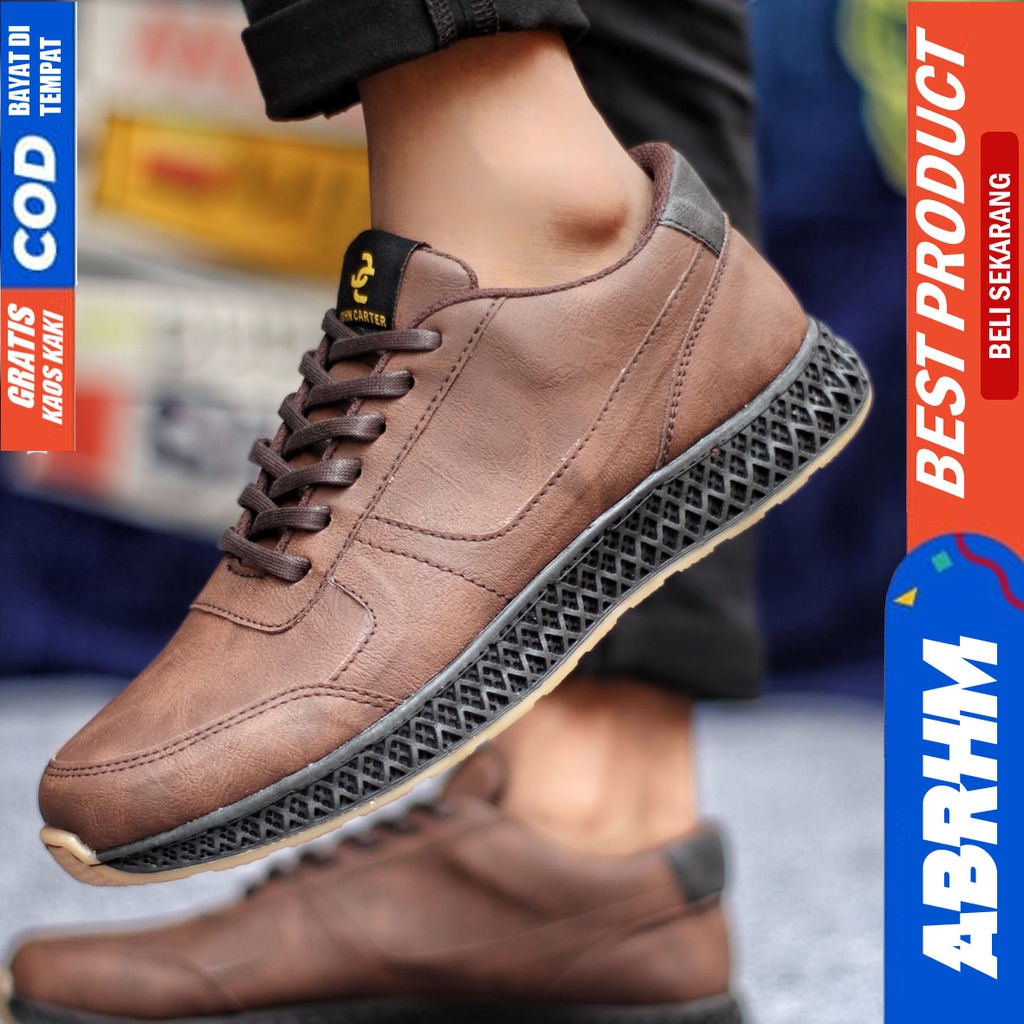 Sepatu Sneakers Pria Kasual Kulit Pu Kerja Santai Hitam Coklat JIMRUN ABRHM