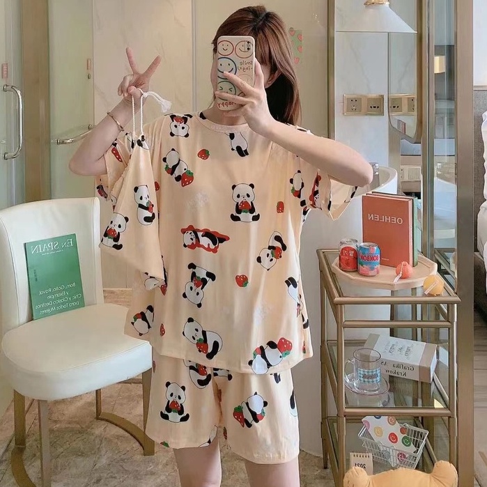 Piyama Baju Tidur Import Wanita Fashion Sleepwear Spandex Stelan Rumah Baju Santai Celana Pendek z-POUCH-Panda Berry