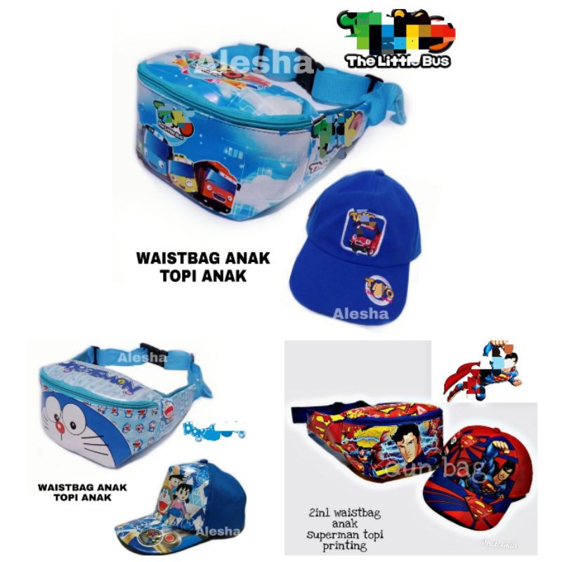 Tas selempang anak katun doraemon superman gratis topi