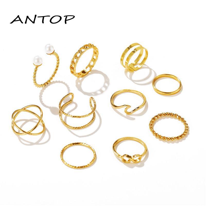 10 Pcs / Set Cincin Manik-Manik Mutiara Ganda Gelombang Geometris Untuk Wanita