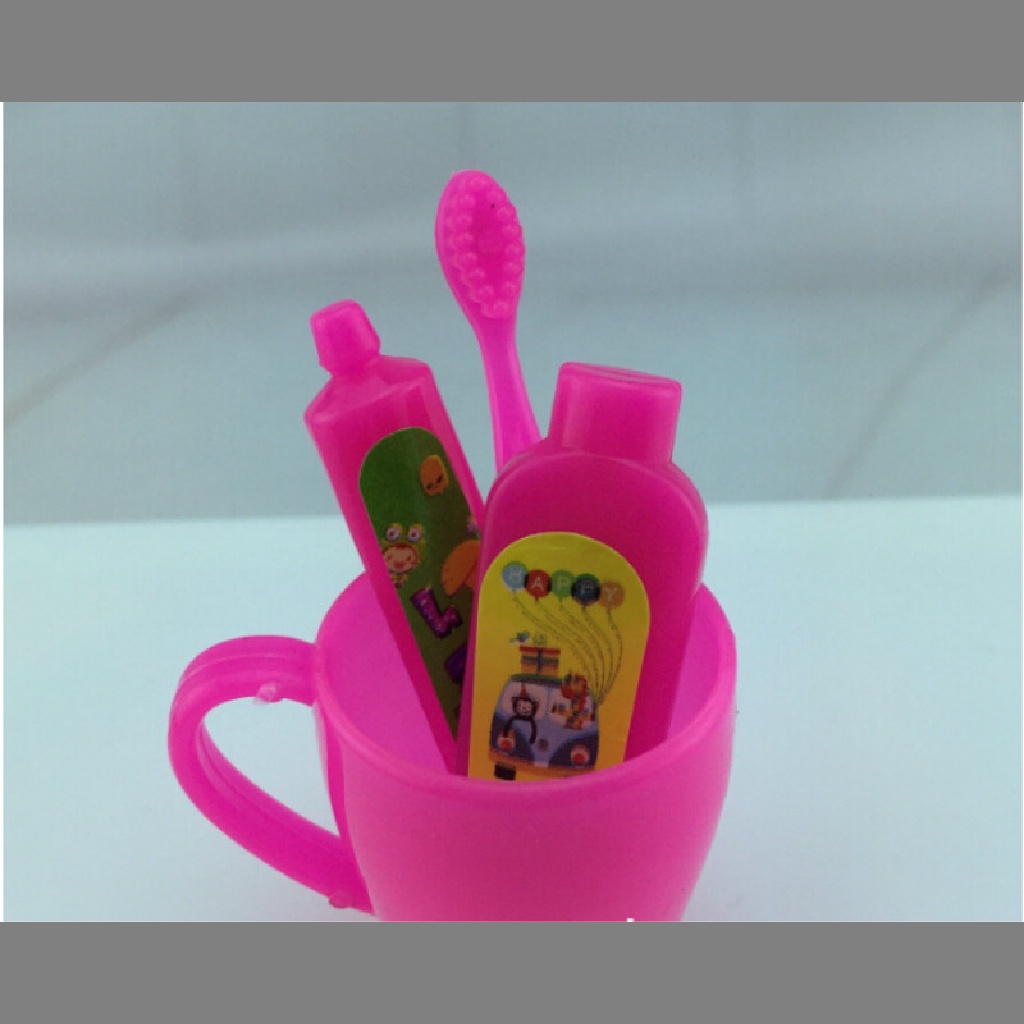 Deid 4pcs / Set Mainan Sikat Gigi + Pasta Gigi + Mawar Fuchsia Untuk Aksesoris Kamar Mandi Boneka Barbie