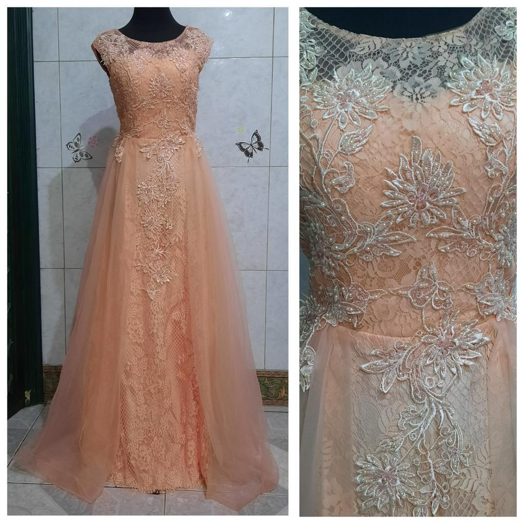 Longdress brokat salem peach merah maroon gaun pesta bridesmaid dress bridal premium fio1255