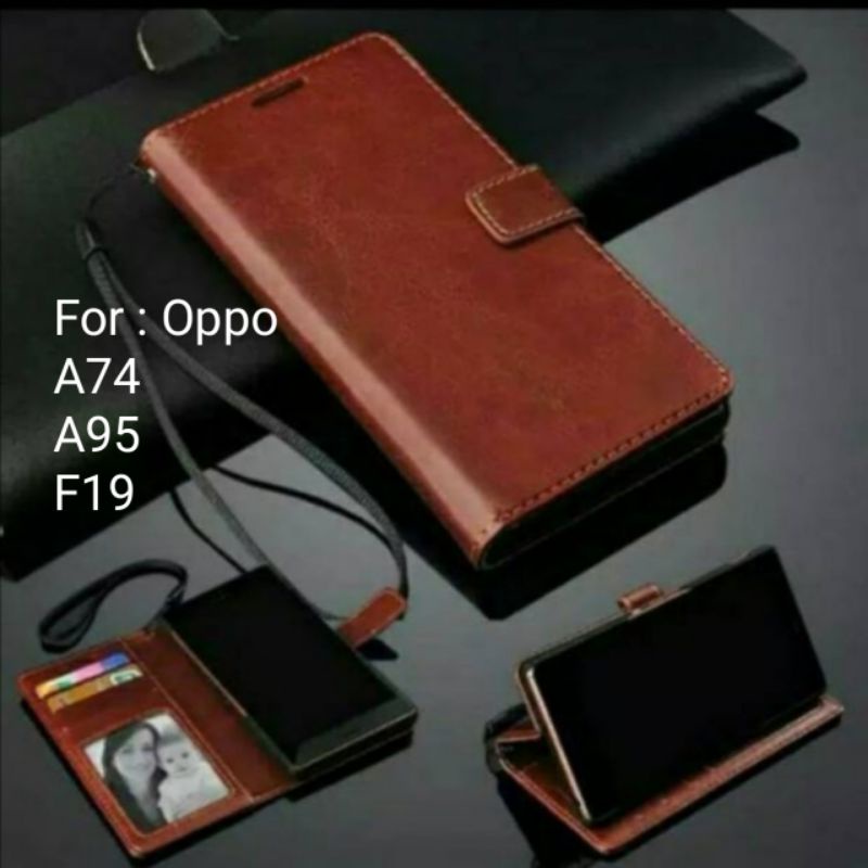 Leather Case Oppo A74 A95 F19 Sarung Dompet Wallet Kulit Casing Flipcover buku Book Folio Cover 8