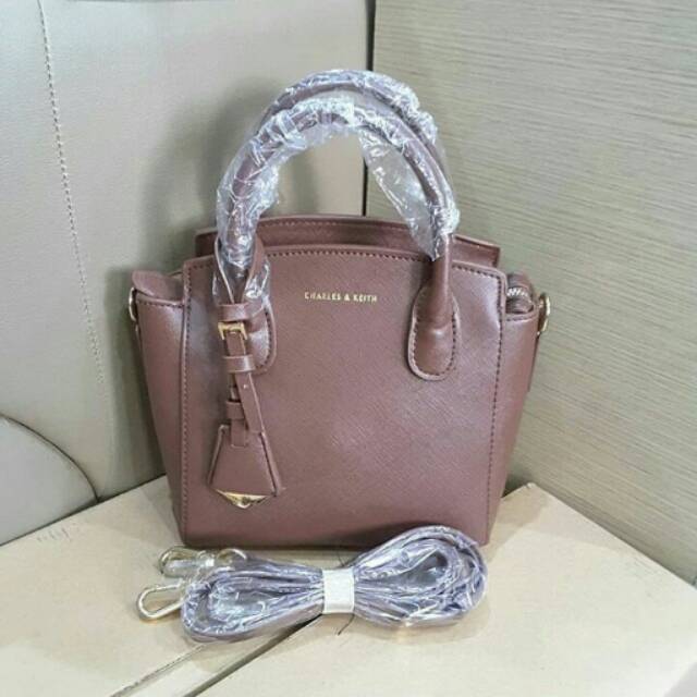 Tas charles and keith sling bag brown lengkap dustbag paperbag