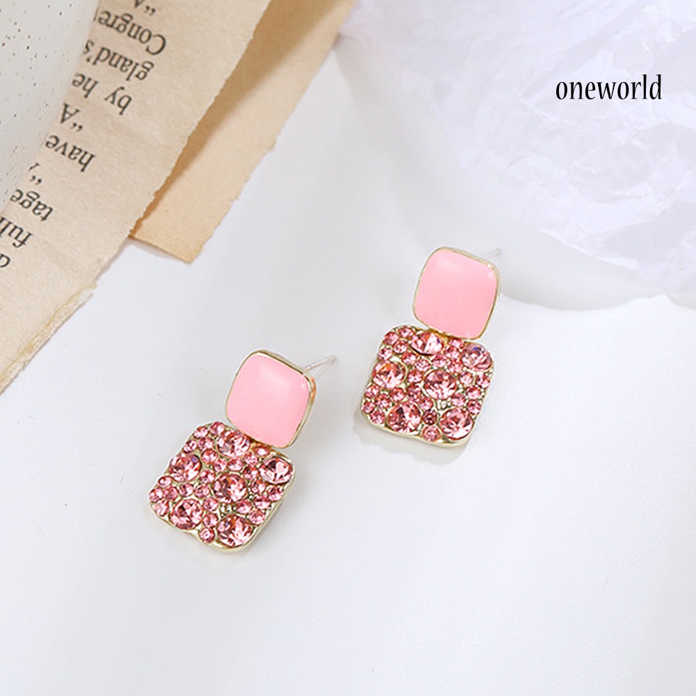 OW# Women Elegant Geometric Full Drill Rhinestone Love Heart Square Earring Ear Stud