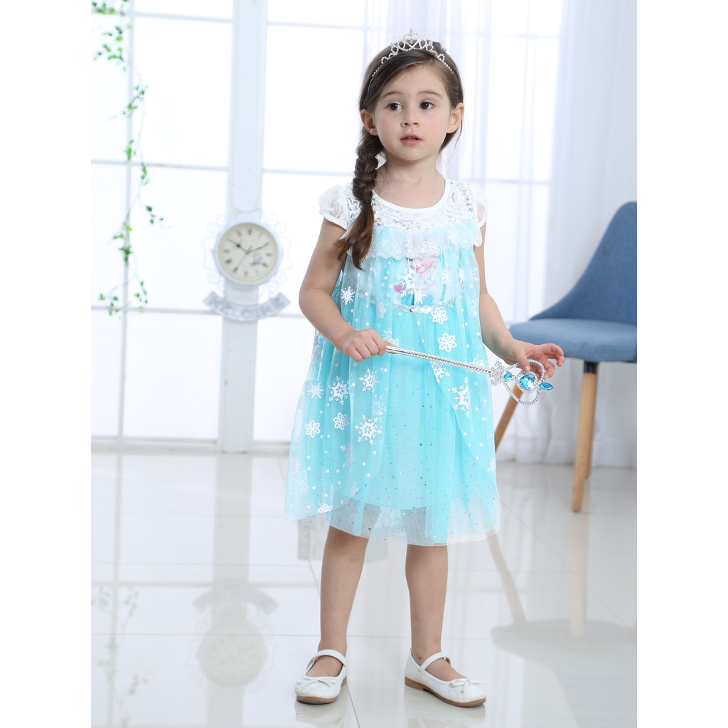 Dress Princess Musim Panas Gaya Korea Motif Print Kartun Salju untuk Anak Perempuan