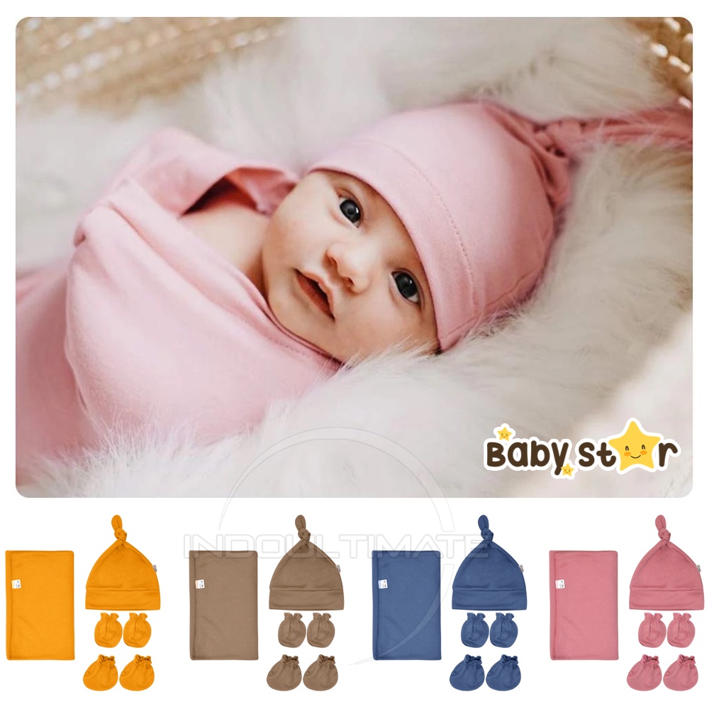 4in1 Perlengkapan Baby Newborn Hampers BABY STAR Bedong Bayi + Topi Kupluk Bayi + Sarung Tangan Kaki Bayi BCS-2287 Perlengkapan bayi baru lahir Kain Selimut Bayi Kain Bedongan bayi Alas Tidur Bayi Selimut Tidur Bayi Baby Hat Topi Kuncir Bayi