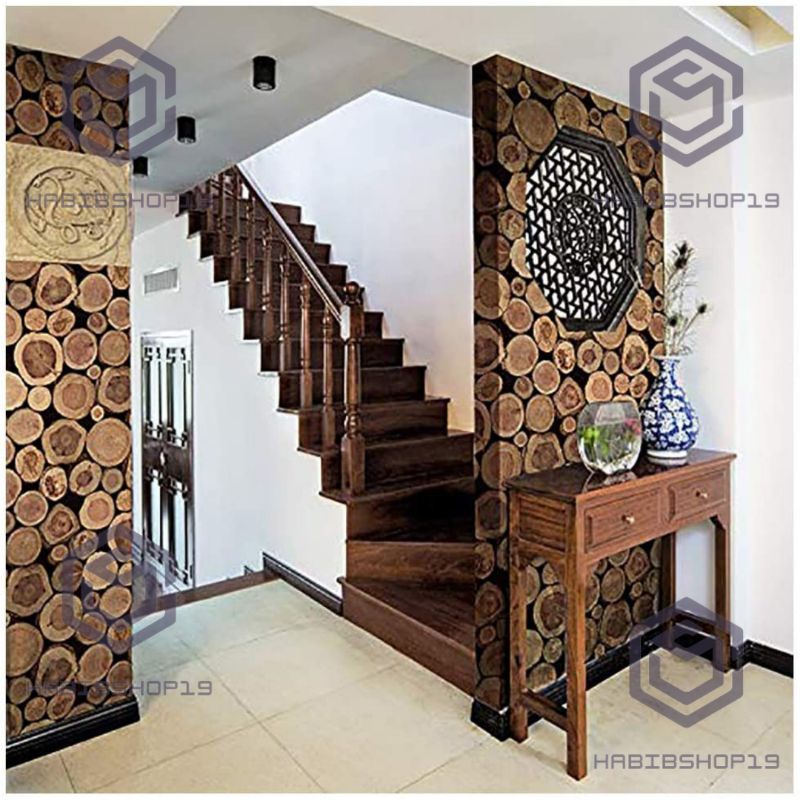 Wallpaper Sticker Dinding Motif Kayu Potong 3D 10mx45cm