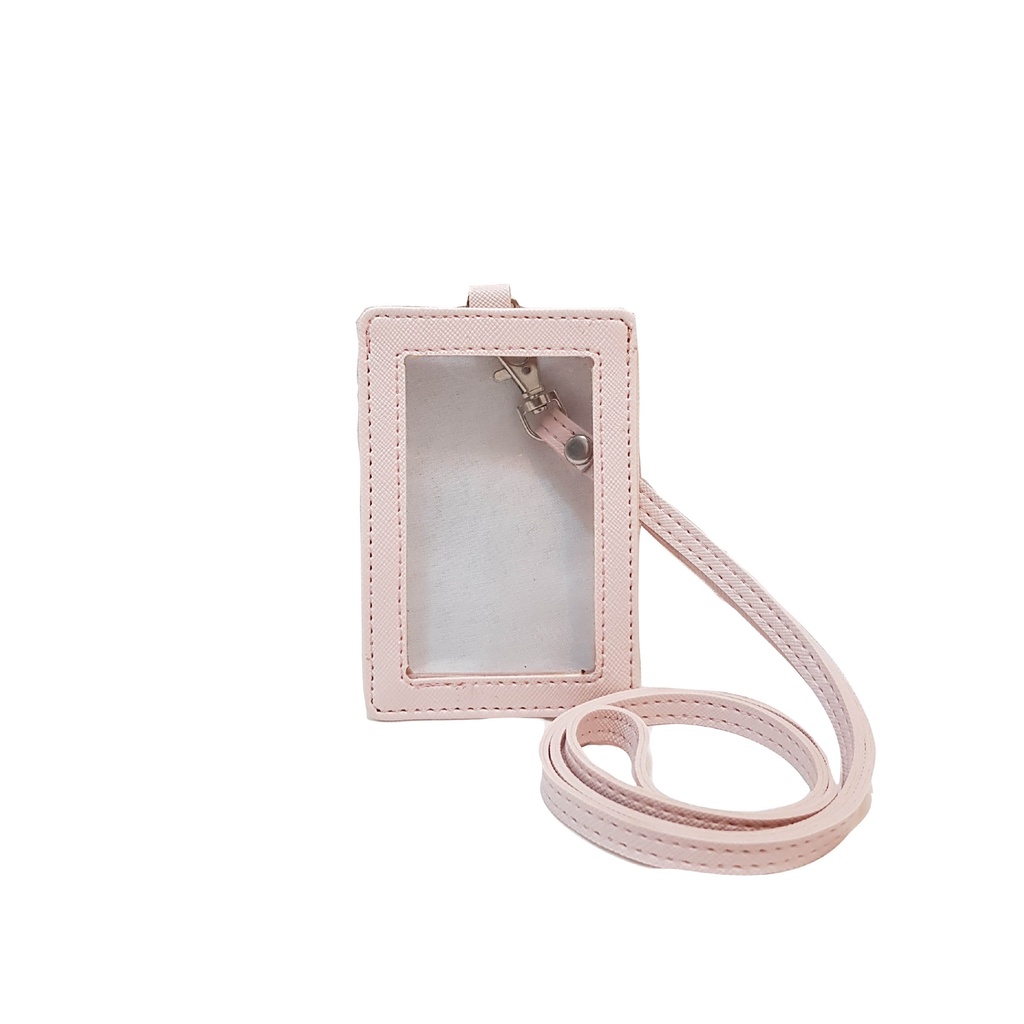 

ID Flashee Card Lanyard Kulit Dua Sisi Transparan Termurah PU Leather ID Card Holder Plastik Name Tag Mika Pink Muda