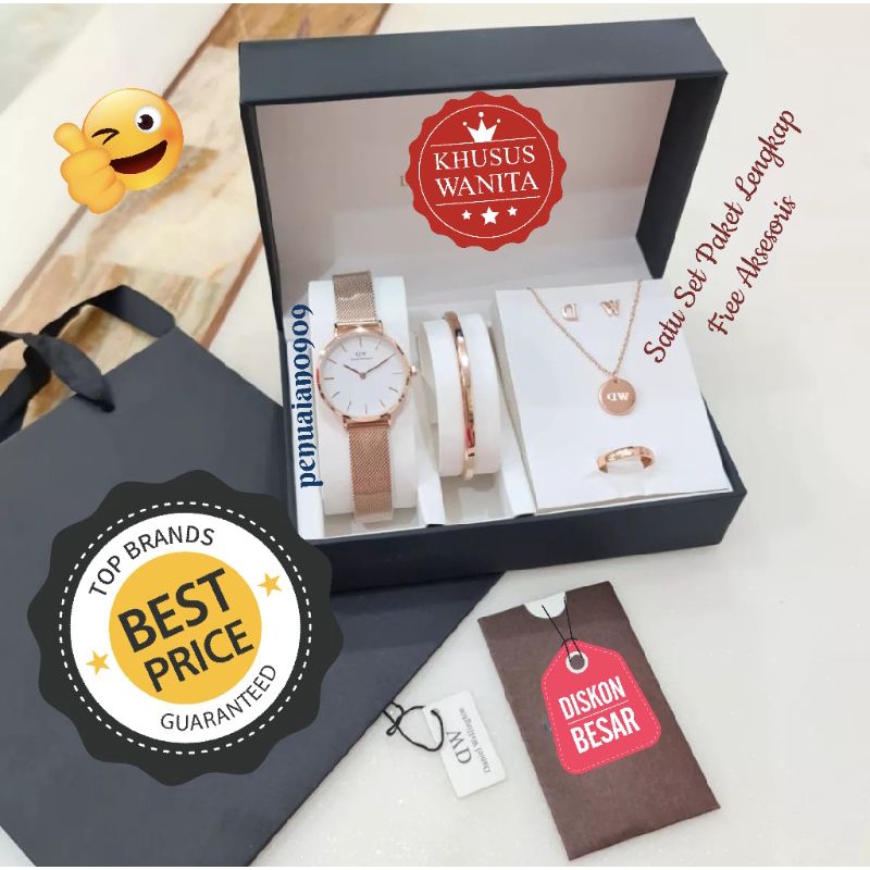 Jam Tangan Wanita satu set Terbaru Free Gelang + Kalung + Cincin + Anting-Anting + Paperback + Box J