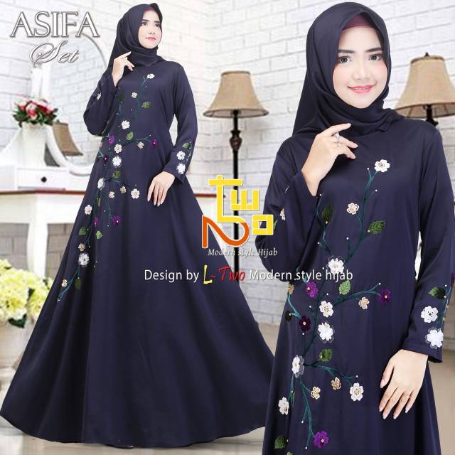 ASIFA Set By L Two Towe Hijab Original Design - Gamis Abaya Pesta Cavali Silk Polos Mewah Simple