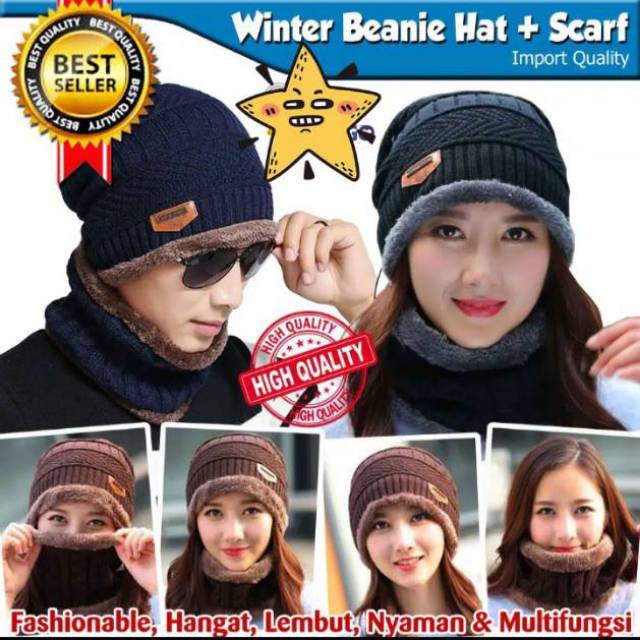 Topi kupluk syal winter pria wanita musim dingin hangat perlengkapan musim dingin