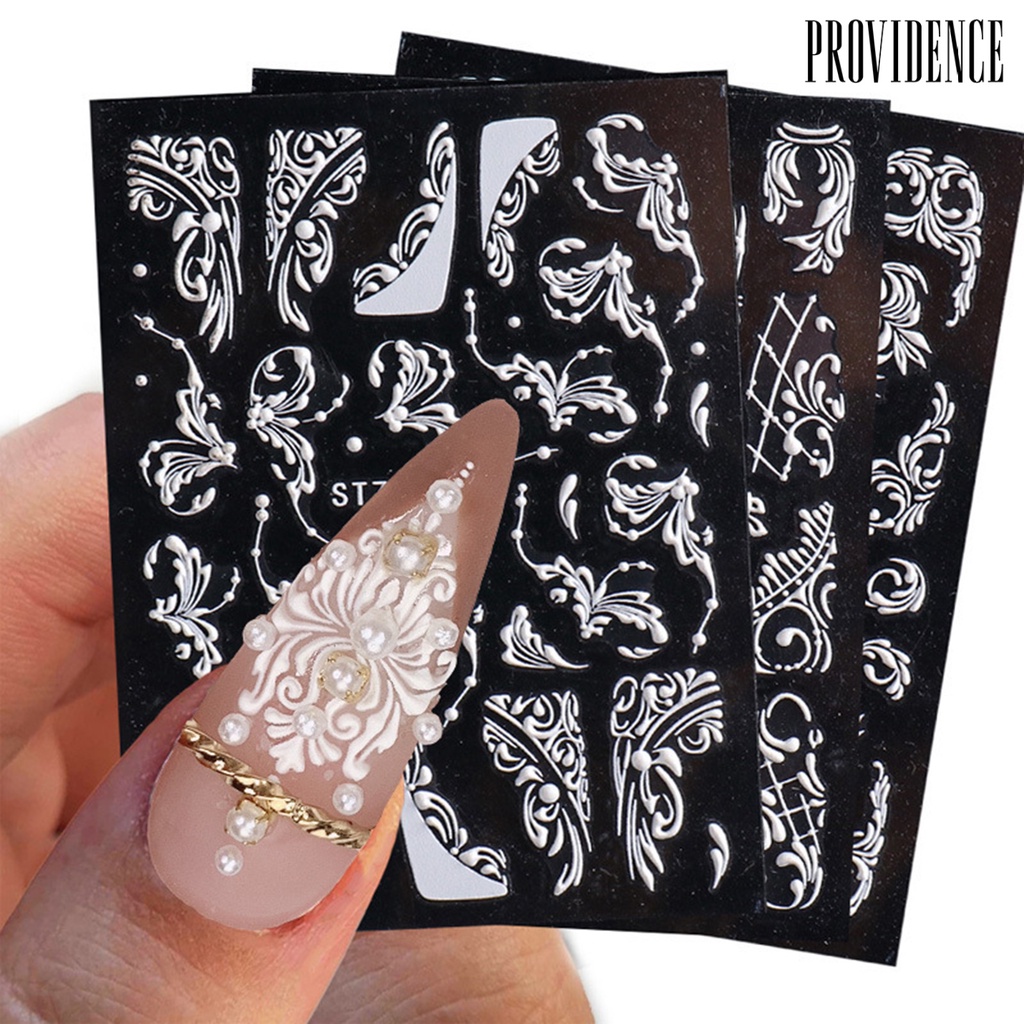 Providence Nail Sliders Embossed 5D White Retro Relief Nail Engraved Flowers Stickers Decor for Manicure