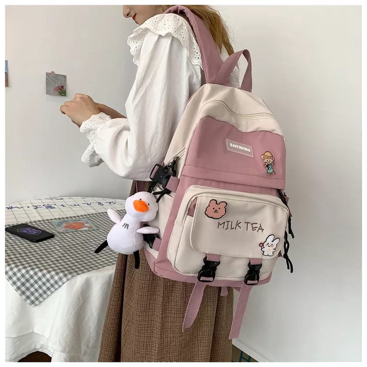 ST99 - Tas Ransel Sekolah Korean Style - Tas Ransel Milk Tea - Tas Ransel Wanita Kekinian - Tas Ransel Wanita Terbaru