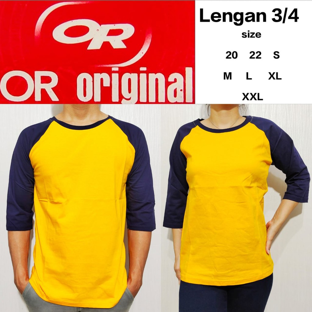 kaos  polos raglan kuning lengan navy 3/4 20 22 S M L XL XXL