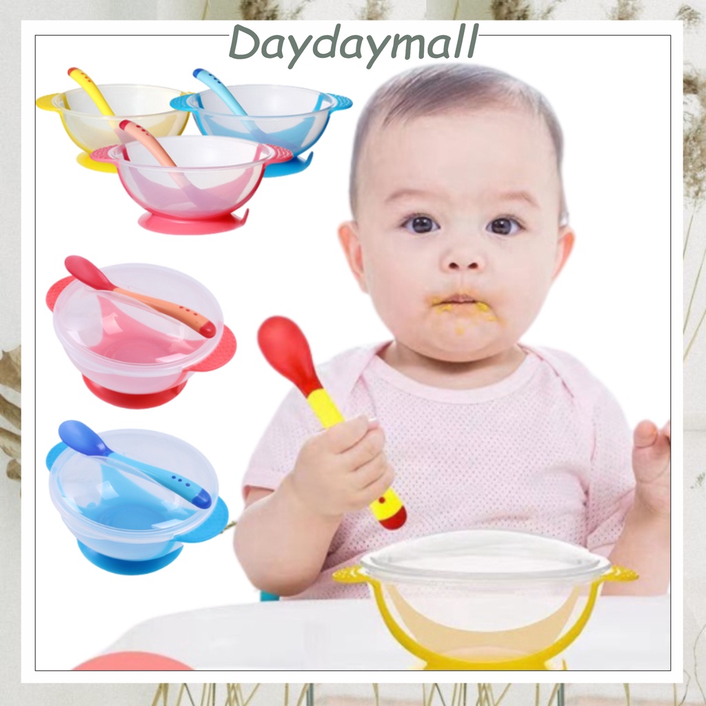 Mangkok sendok garpu bayi Sensor Panas Alat Makan Set MPASI Anti Tumpah Suction DD28