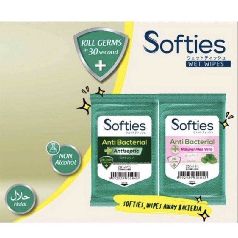 Softies Wet Wipes Anti bacterial Antiseptic 20s