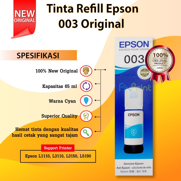 Tinta Refill Botol Epson 003 65ml Original Ink Bottle Printer L1110 L3100 L3101 L3110 L3150 L5190