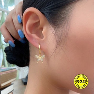 Anting Tusuk Sterling Silver 925 Lapis Emas 18K Desain Kupu-Kupu Hias Zircon AAA Untuk Wanita