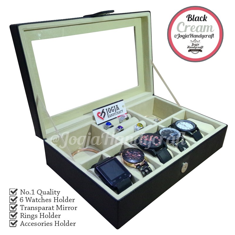 Black Cream Watch Box Mix Accesories Holder | Kotak Jam Tangan dan perhiasan (Kualitas Super)