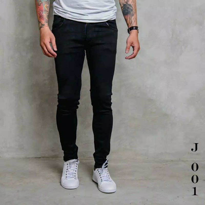 Ink7 Celana  Jeans  Hitam  Pekat Skinny Stretch Pria  Shopee  