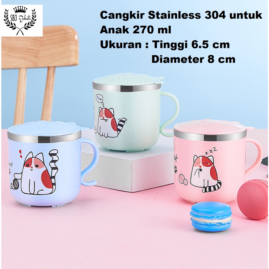 Cangkir Anak Gelas Mug 304 SUS Cute Cat Stainless 304 Anti Bocor 270ml