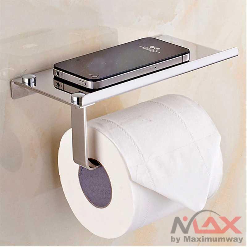 Holder tisu gulung roll tissue Wall Tembok dinding toilet WC Stainless Steel Anti karat Tahan lama dengan tatakan kecil  untuk barang HOUSEEN Gantungan Tempat Tisu Toilet Stainless Steel H226 Warna Silver Wall Mount Toilet Paper Holder with Phone Shelf