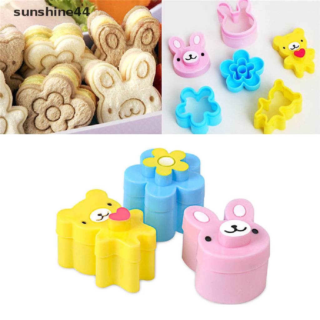 Sunshine 3pcs Cetakan Cutter Bentuk Kelinci / Panda / Bunga Untuk Membuat Sandwich / Cookie / Roti / Bento