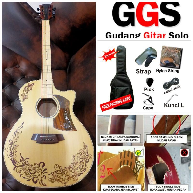 gitar akustik elektrik dobel run neck utuh tidak sambung model cole clak custom