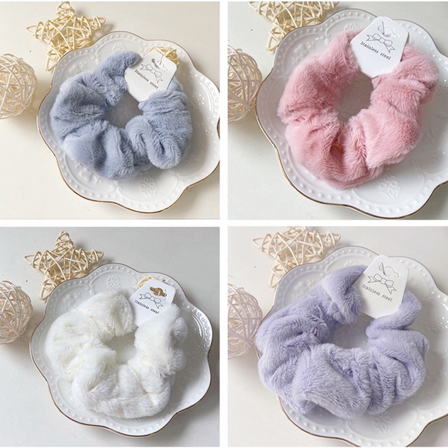 Ikat Rambut Scrunchie Korea Perempuan Dewasa Bahan Kain Velboa Bulu Halus Aksesoris Rambut bahan kualitas import AK190