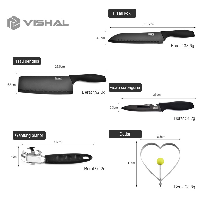 VISHAL Set Pisau Dapur isi 5pcs Hitam Pisau Set 5 pcs Black Black Kitchen Knife Set 5 Pieces VS-1811