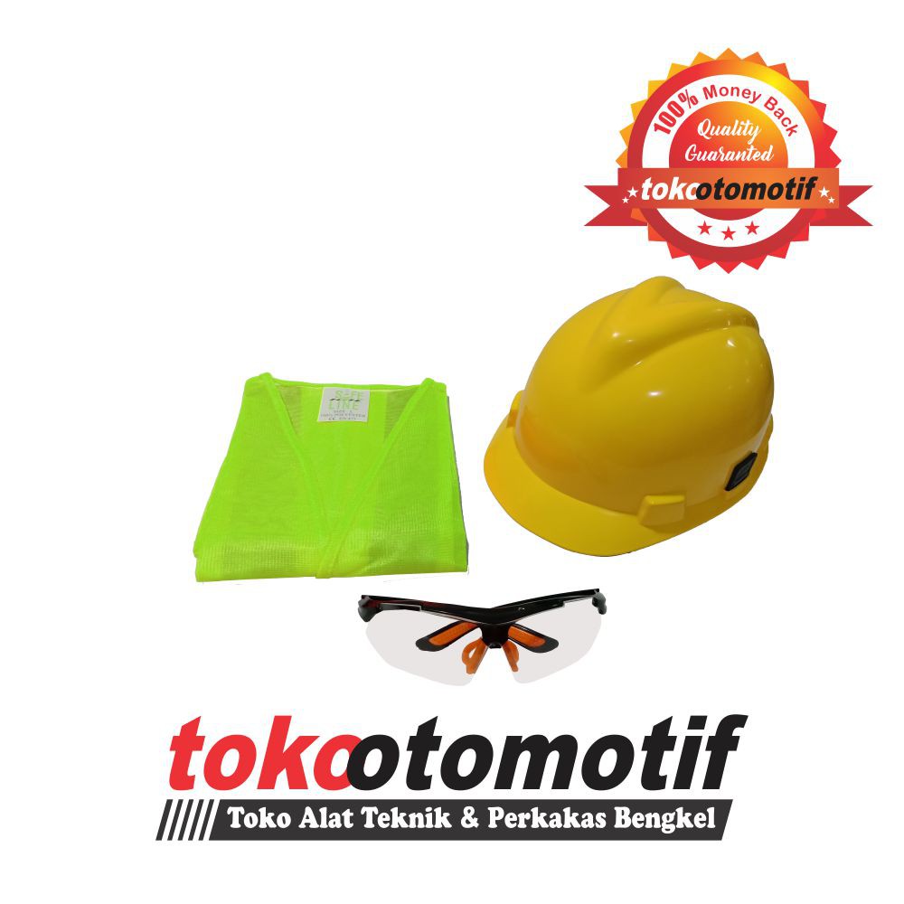 Paket Safety Rompi Polyster Hijau, Kacamata & Helm Safety Putar Kuning