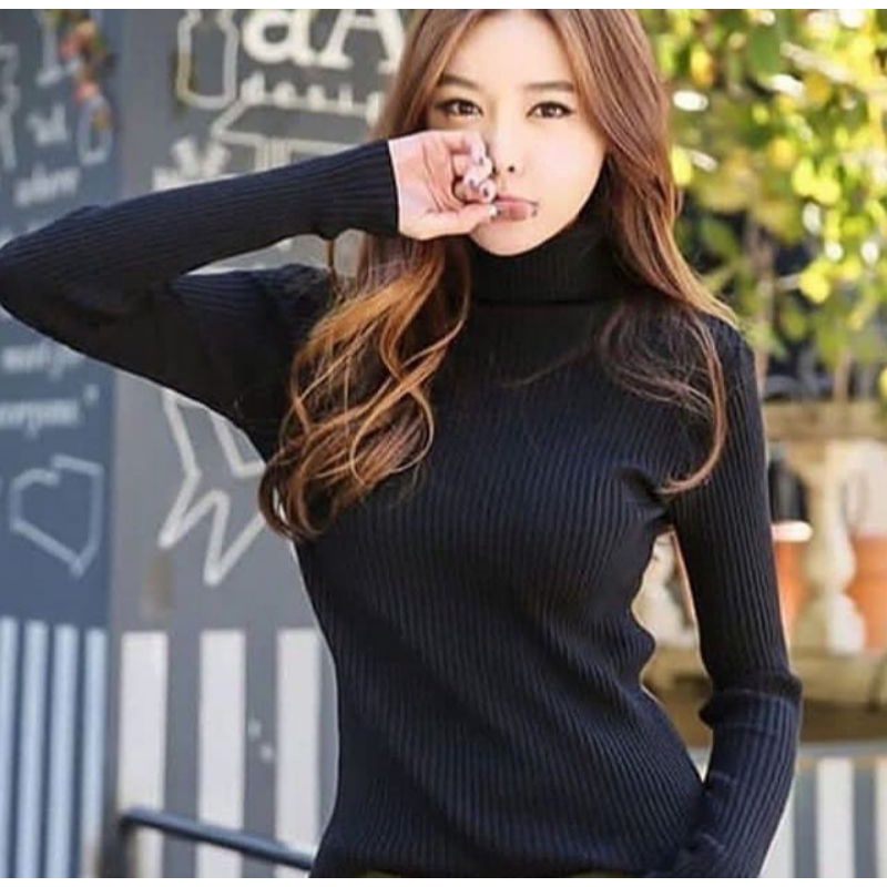 Turtle neck BLACK &amp; WHITE Long sleeve UNISEX// Turtle neck RIB KATUN  PRIA &amp; WANITA