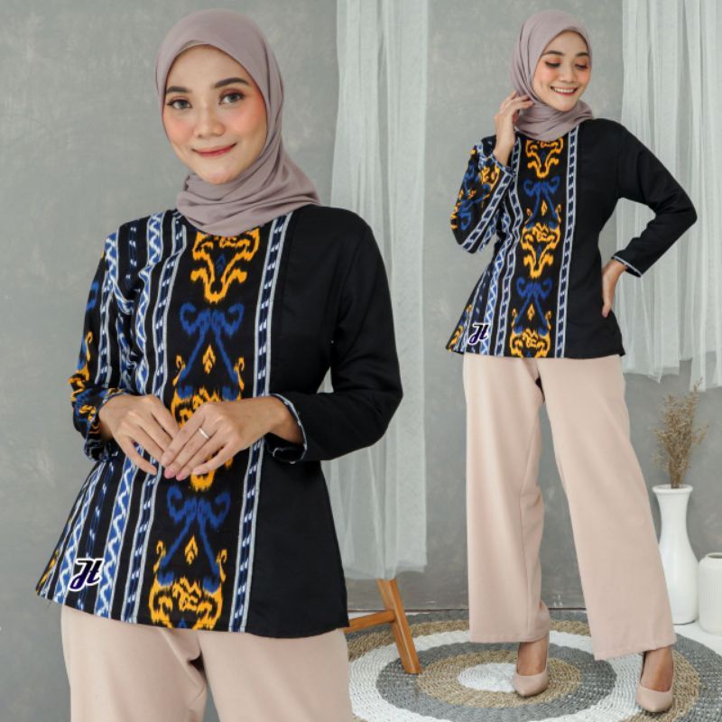 tey-17 Batik wanita ASJ SA HRB026 Kenongo Kemeja Tosca Pendek-Songket biru