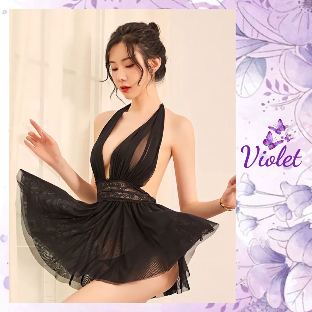 Violet Set Lingerie + G String Sexy Gaun Tidur Wanita Babydoll Renda Erotis 1161