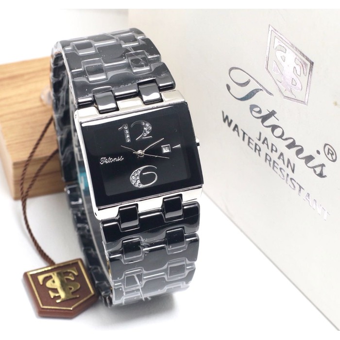 Jam Tangan Wanita / Cewek Tetonis Original Rantai Ceramic Black Silver