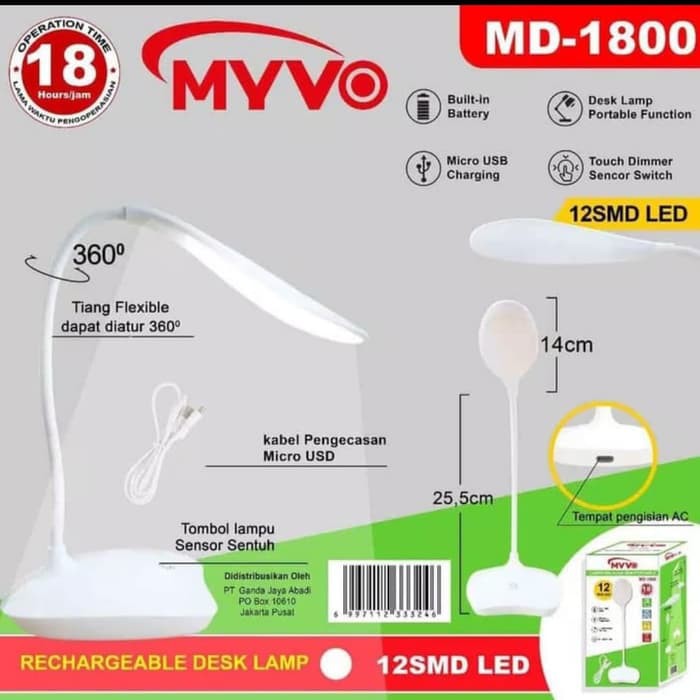 Lampu Meja Belajar LED /Lampu Baca Rechargeable/Lampu Belajar Tombol Sentuh Myvo Md1800