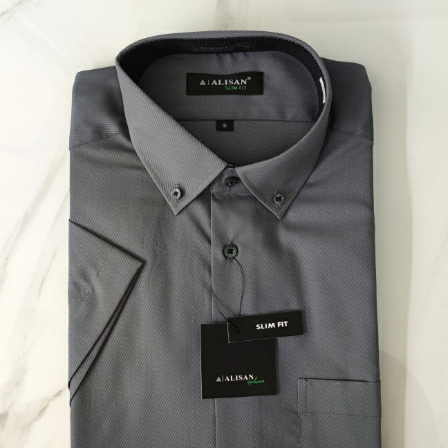Alisan Kemeja Pria Slimfit Pendek Kerah Kancing Dobby Abu Tua / Abu6