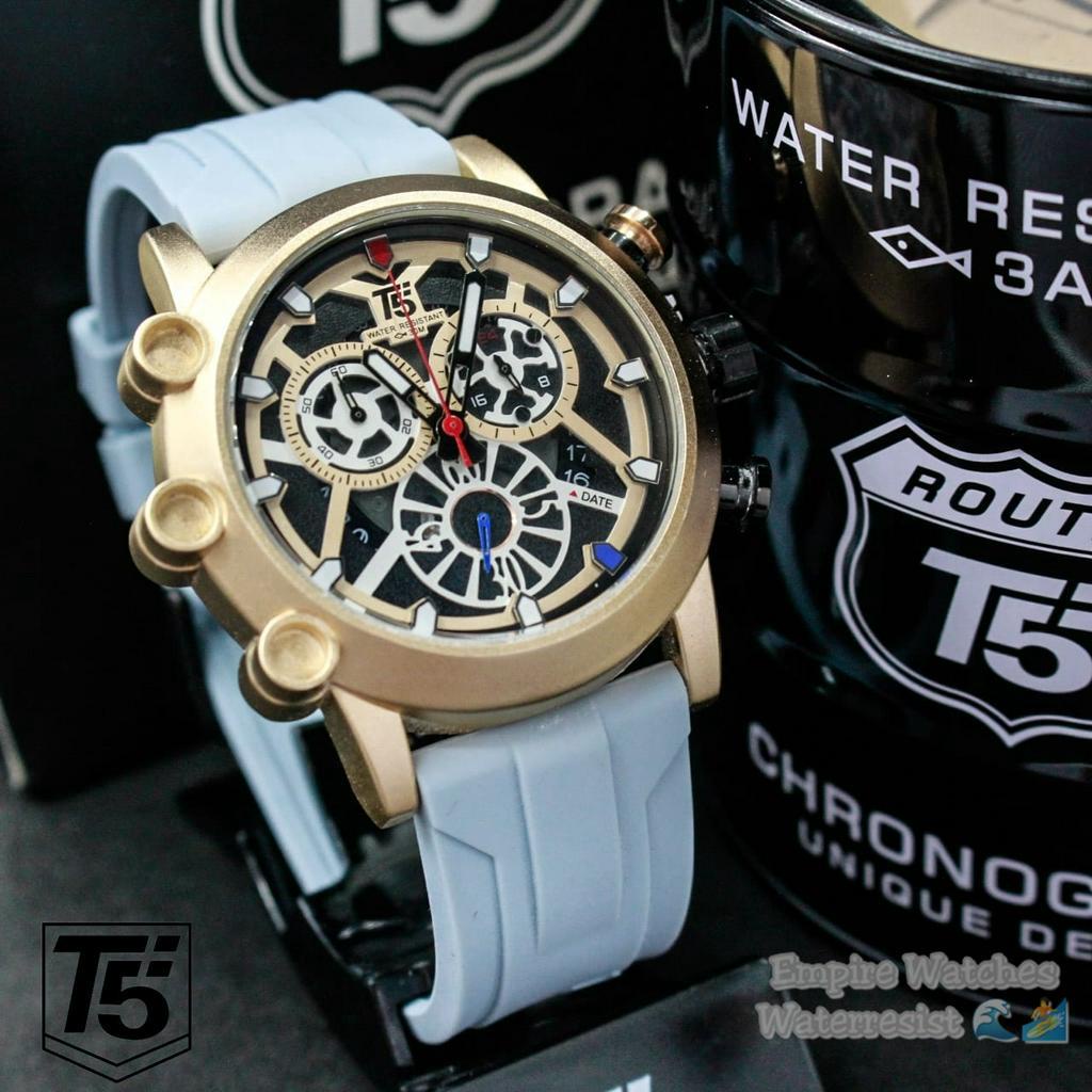 Jam Tangan T5 H3759G 3759 Pria Cowok Analog Chrono dan Tanggal Aktif Strap Rubber Original Waterproof