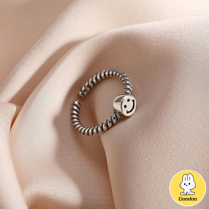 2 PCS Retro Smiley Cincin Wanita Fashion Kepribadian Pembukaan Cincin Dapat Disesuaikan -Doo