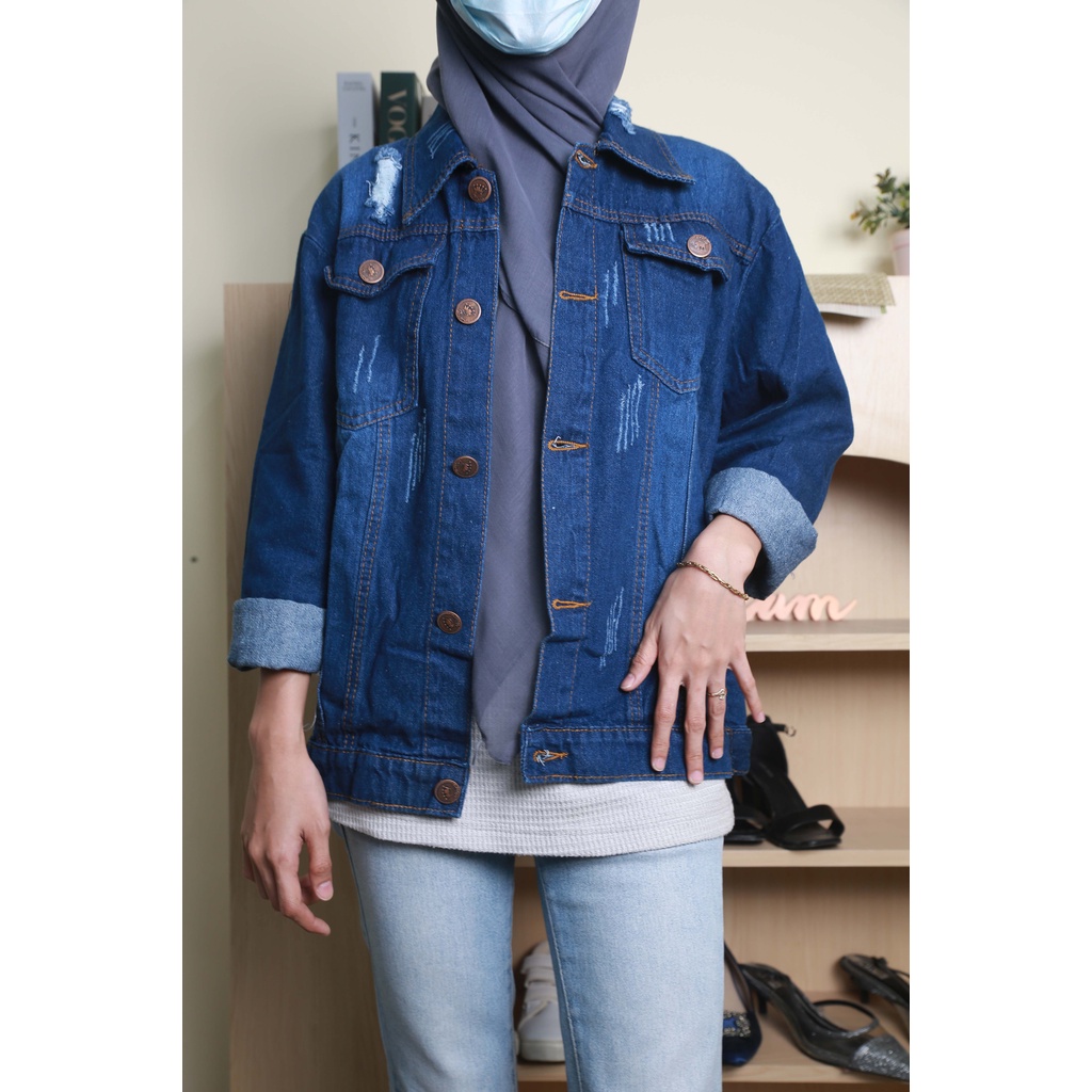 HOPYLOVY - Jaket Jeans Oversize Wanita Model Sobek Karina Ripped Biru Tua